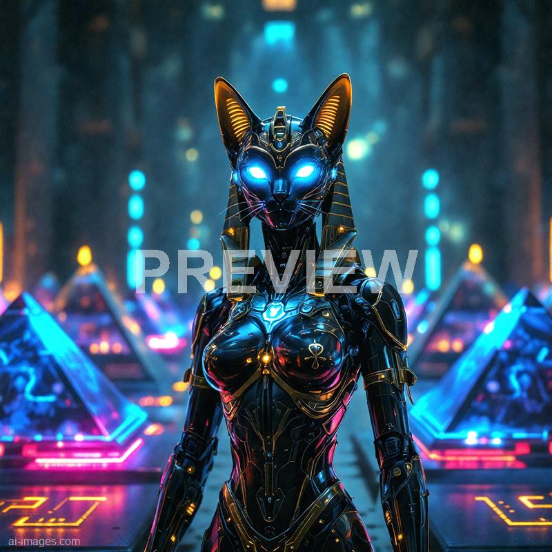 A highly detailed and futuristic humanoid robot with the appearance of a cat, featuring glowing blue eyes and sleek black and gold armor. The robot's design incorporates intricate patterns and glowing elements, set against a vibrant, neon-lit background with geometric shapes and illuminated pyramids, suggesting a sci-fi or cyberpunk environment. The atmosphere is dark but illuminated by colorful lights, emphasizing the robot's advanced technology and striking presence.